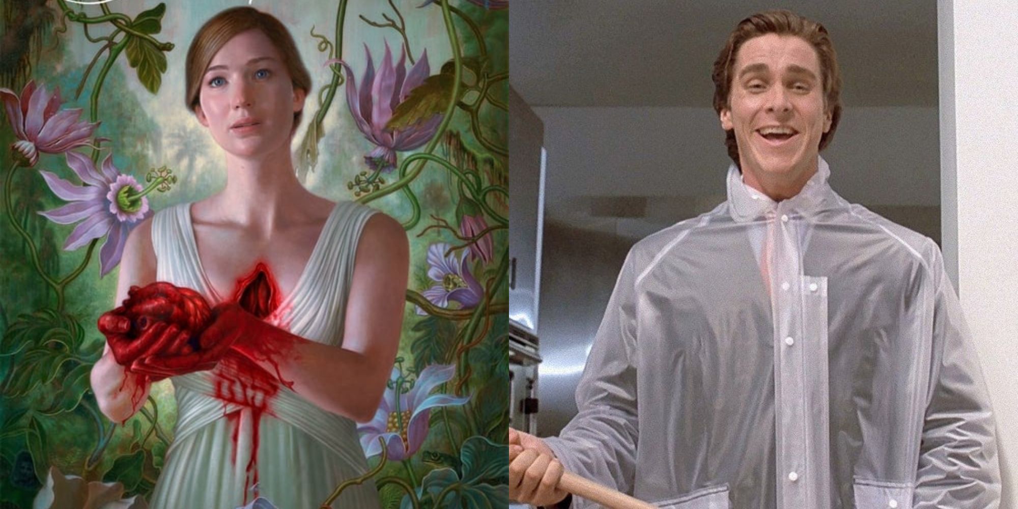 Split image showing Mother in mother! and Patrick Bateman in American Psycho