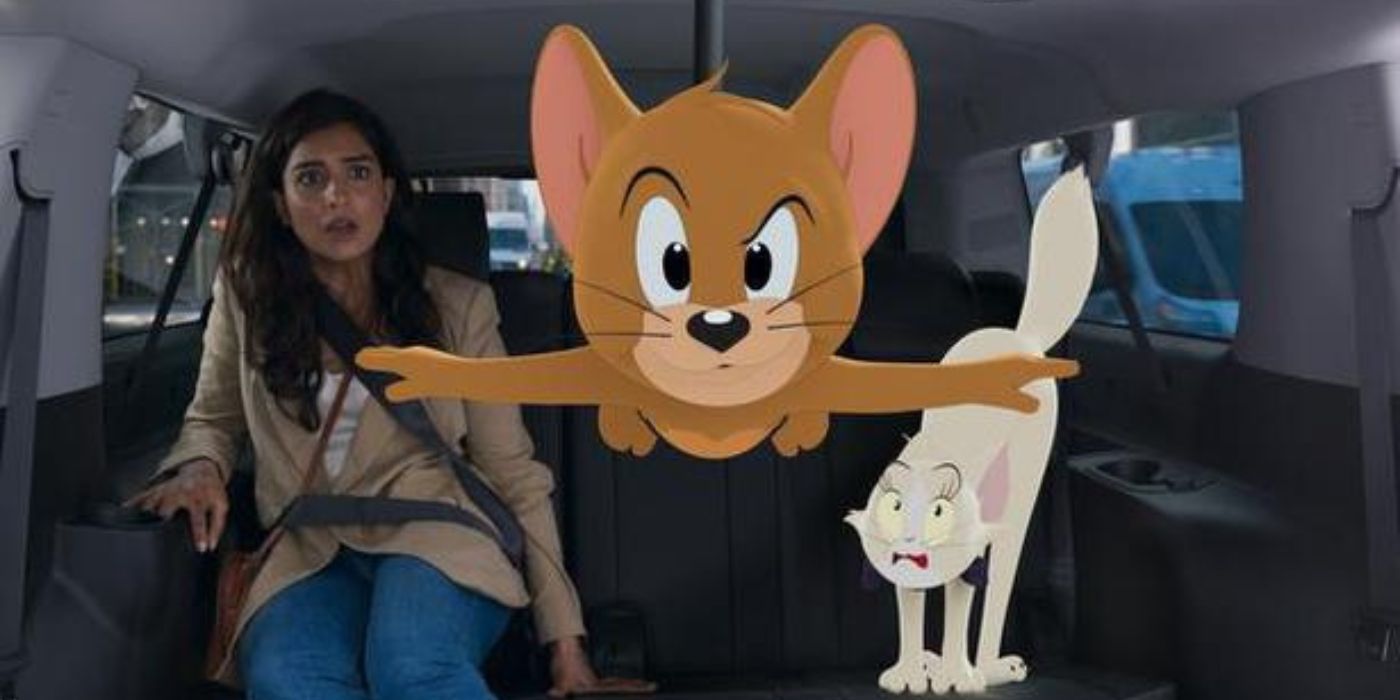 Jerry jumping in a car while Pallavi Sharda looks on in Tom and Jerry
