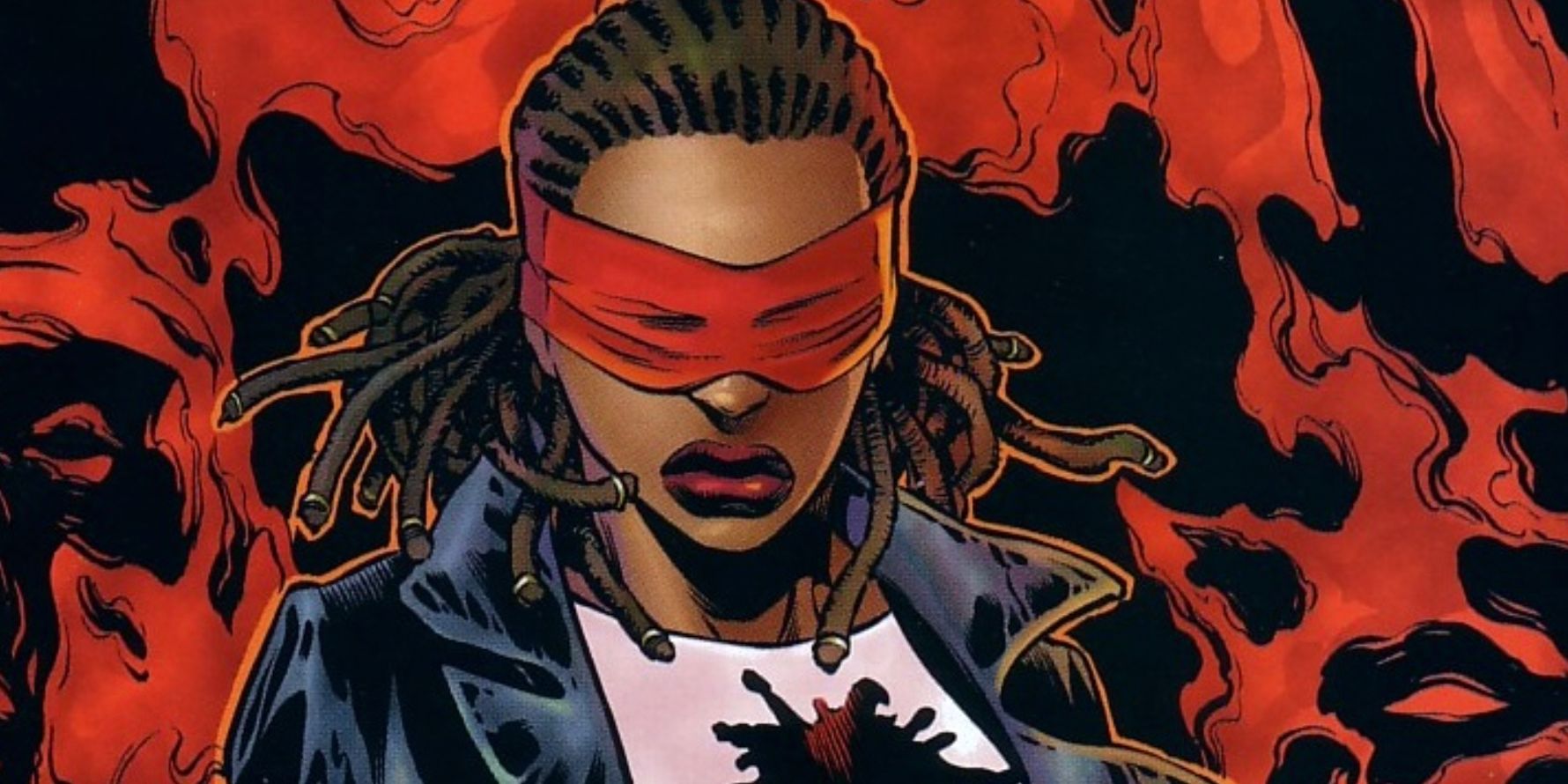 Jill Carlyle wearing a red eye mask as the Crimson Avenger in DC Comics