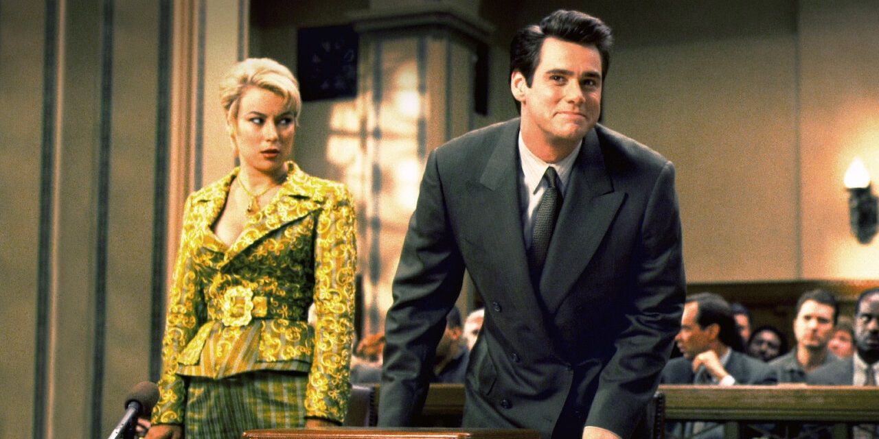 Jim Carrey e Jennifer Tilly no tribunal em Liar Liar