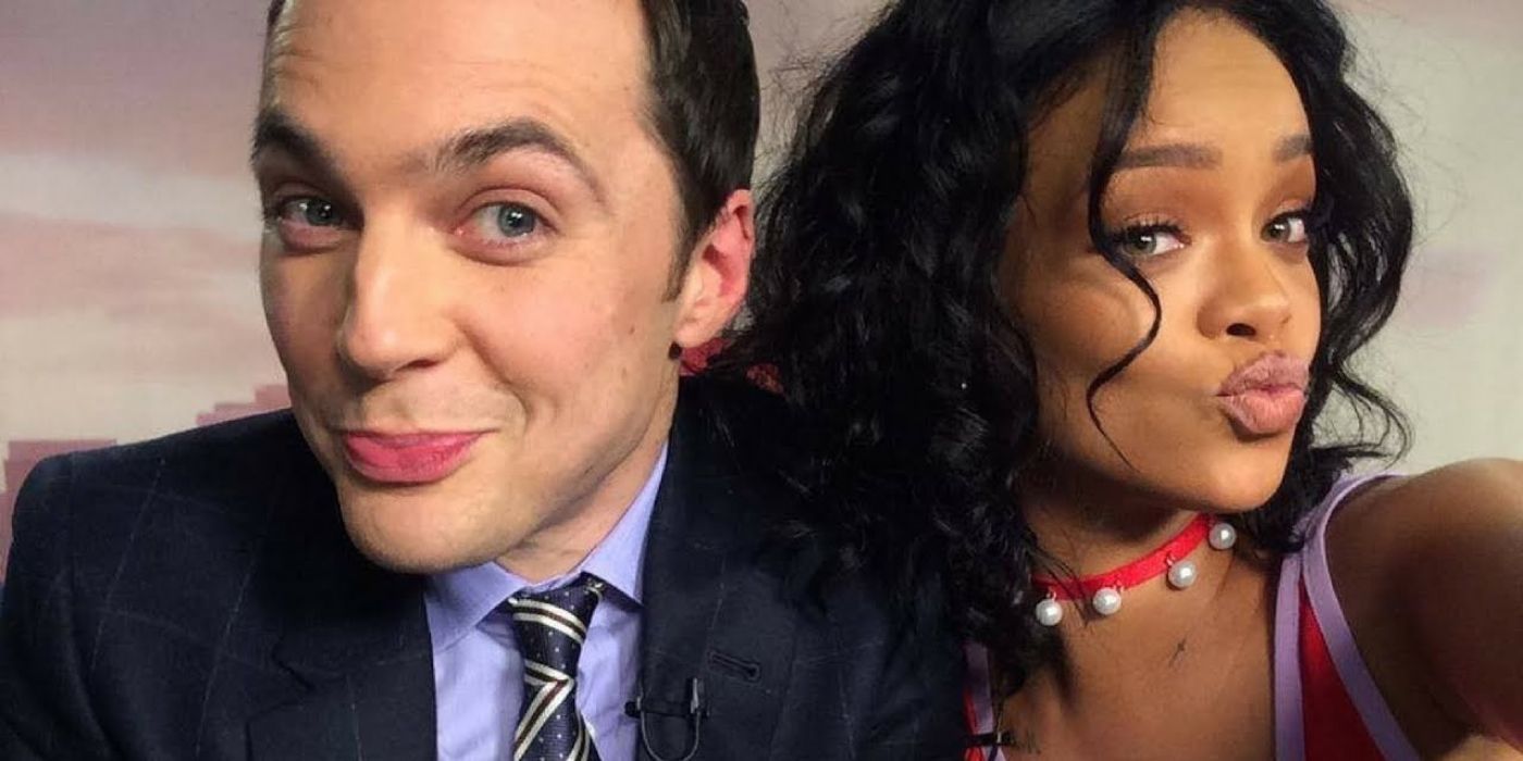 Jim Parsons & Rihanna making funny faces while taking a selfie.