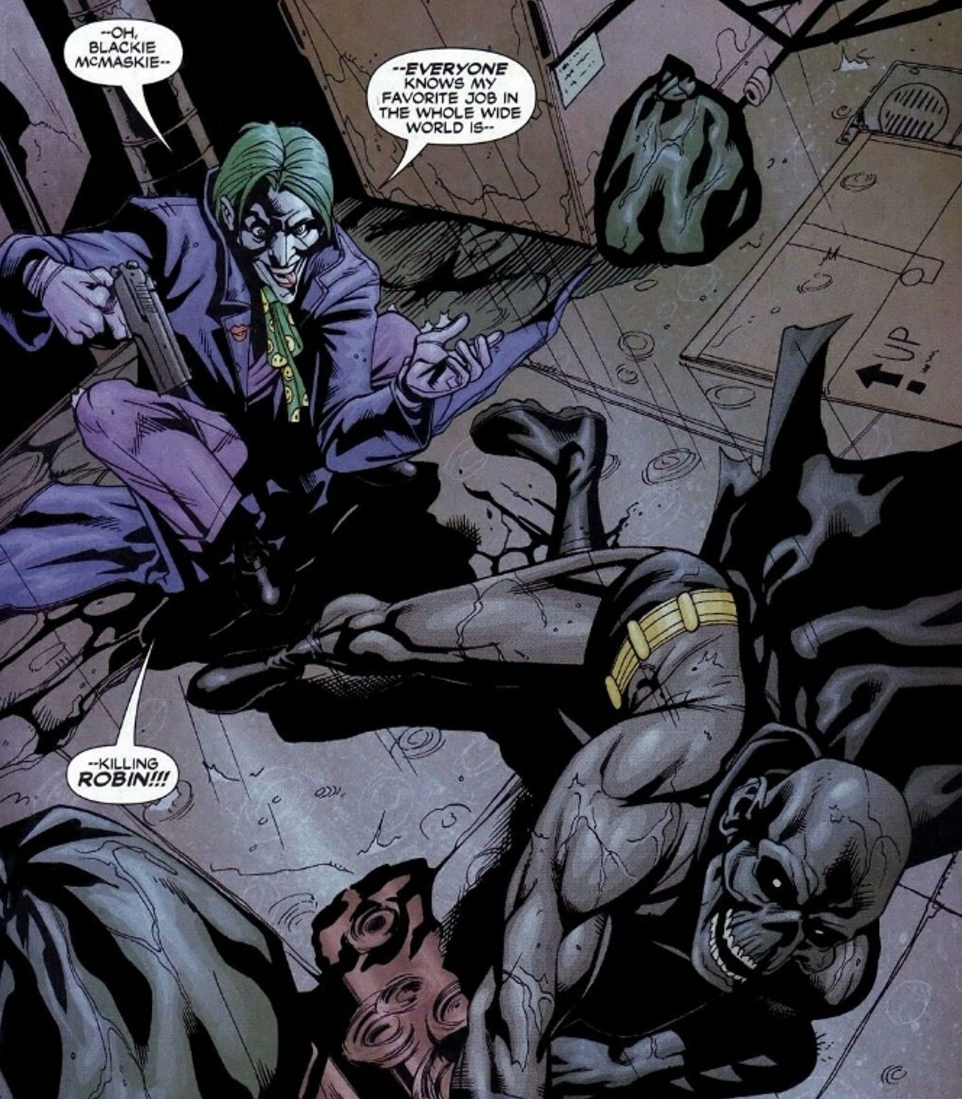 Joker berates a distressed Black Mask over killing Robin.