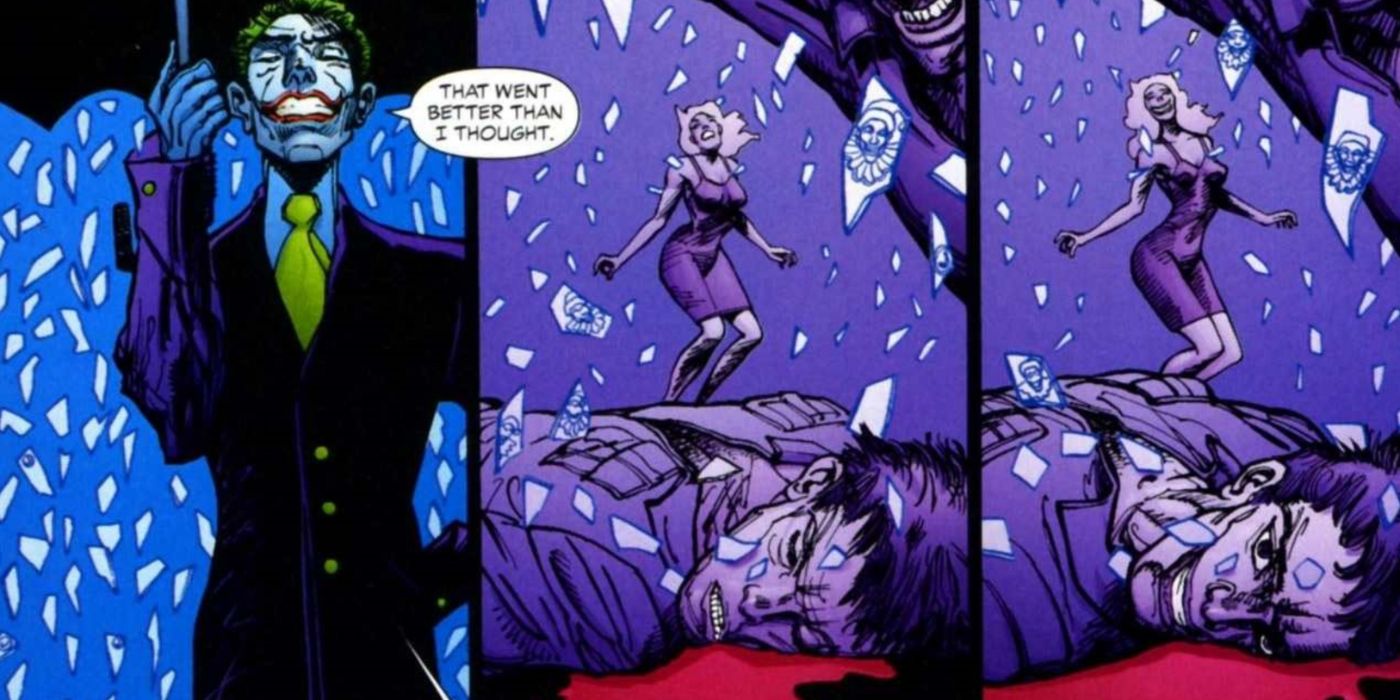 Joker walking through Gotham with his umbrella as glass kills citizens around him.