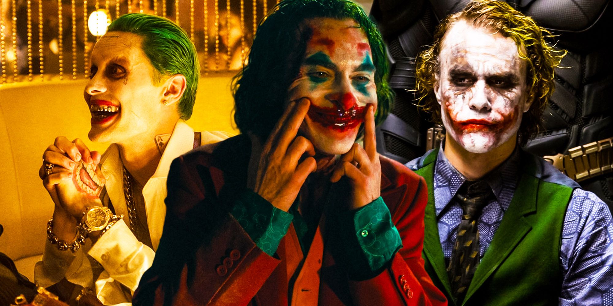 Joaquin makes a smiling face in Joker, Jared Leto smiles candidly in Suicide Squad, and stern Heath Ledger as the Joker in The Dark Knight
