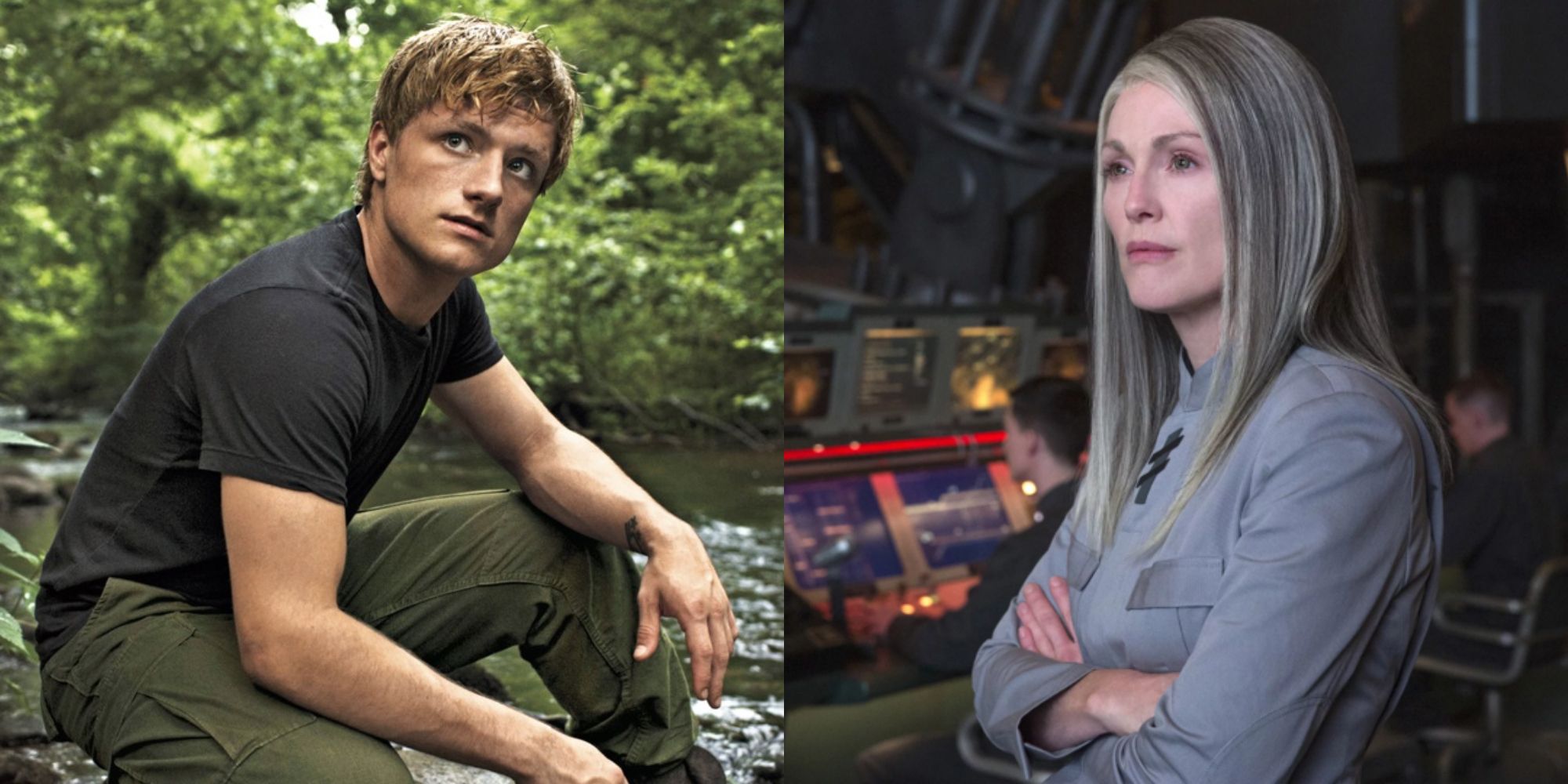 Split image showing Peeta and Alma Coin in The Hunger Games.