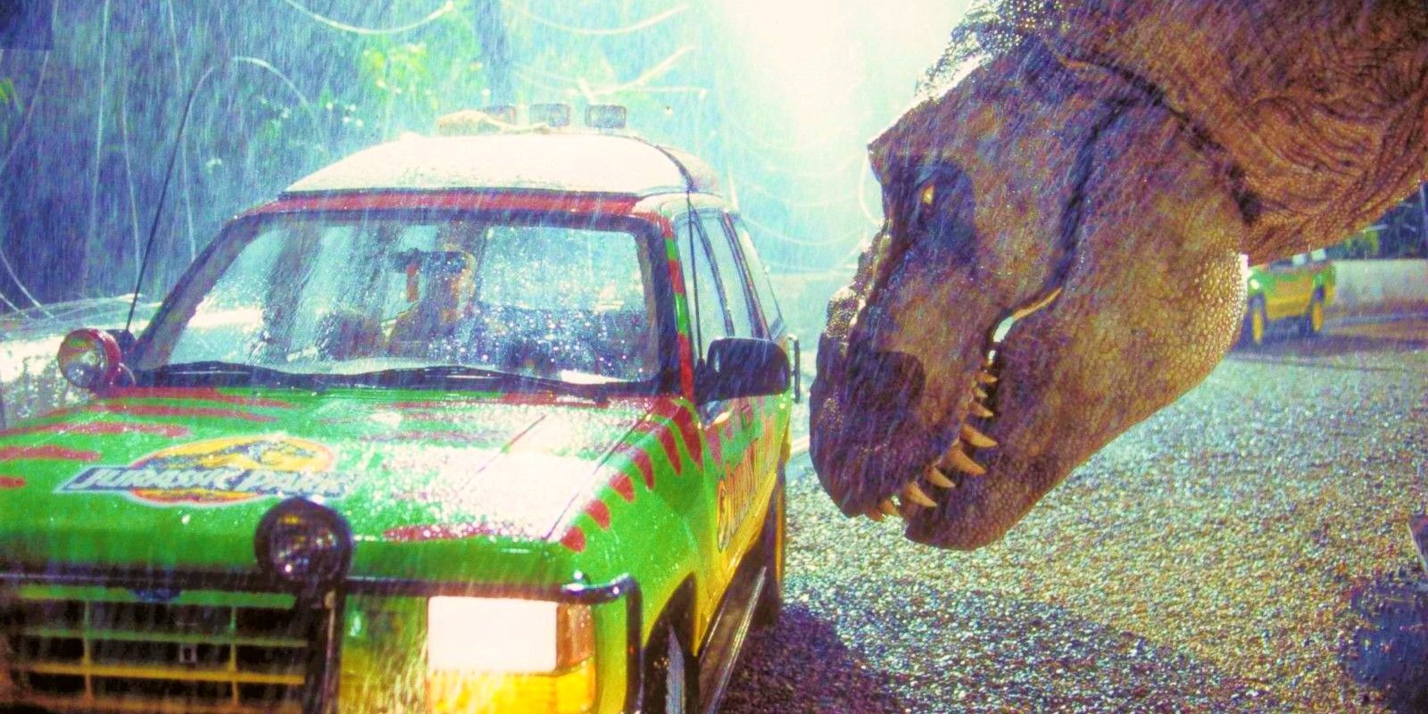 Um t-rex atacando um jipe ​​em Jurassic Park. 