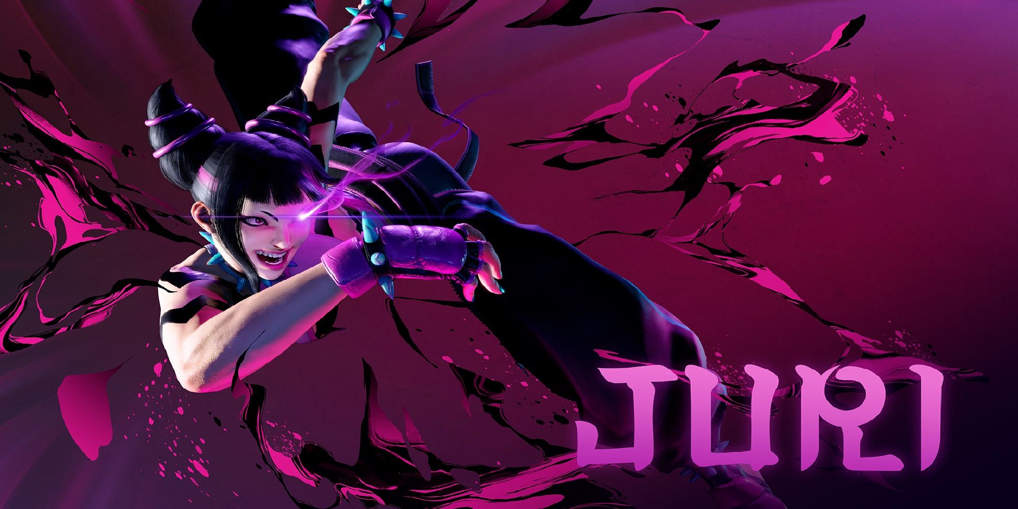 Juri, returning Street Fighter 6 character with a glowing pink eye and a pointed hairdo, in the middle of an acrobatic movement.