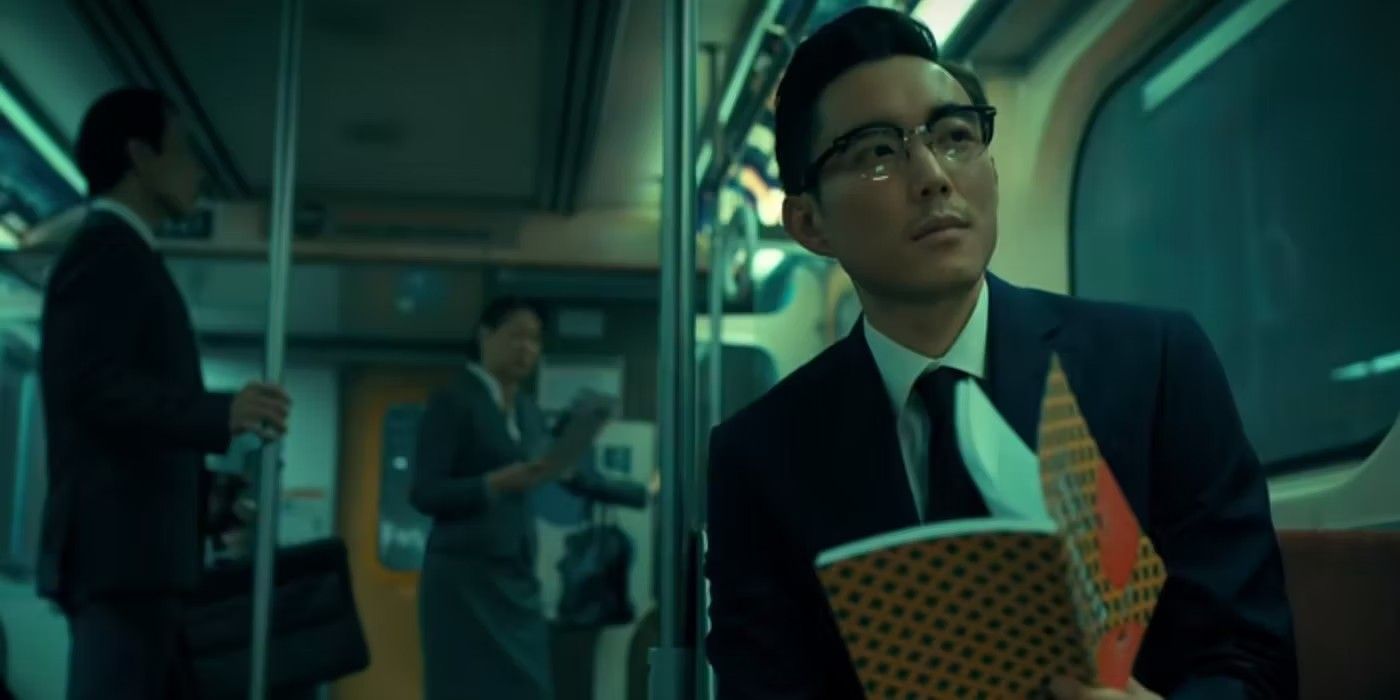 Justin H Min as Ben wearing glasses and reading a book on the subway in Umbrella Academy season 3 post credits