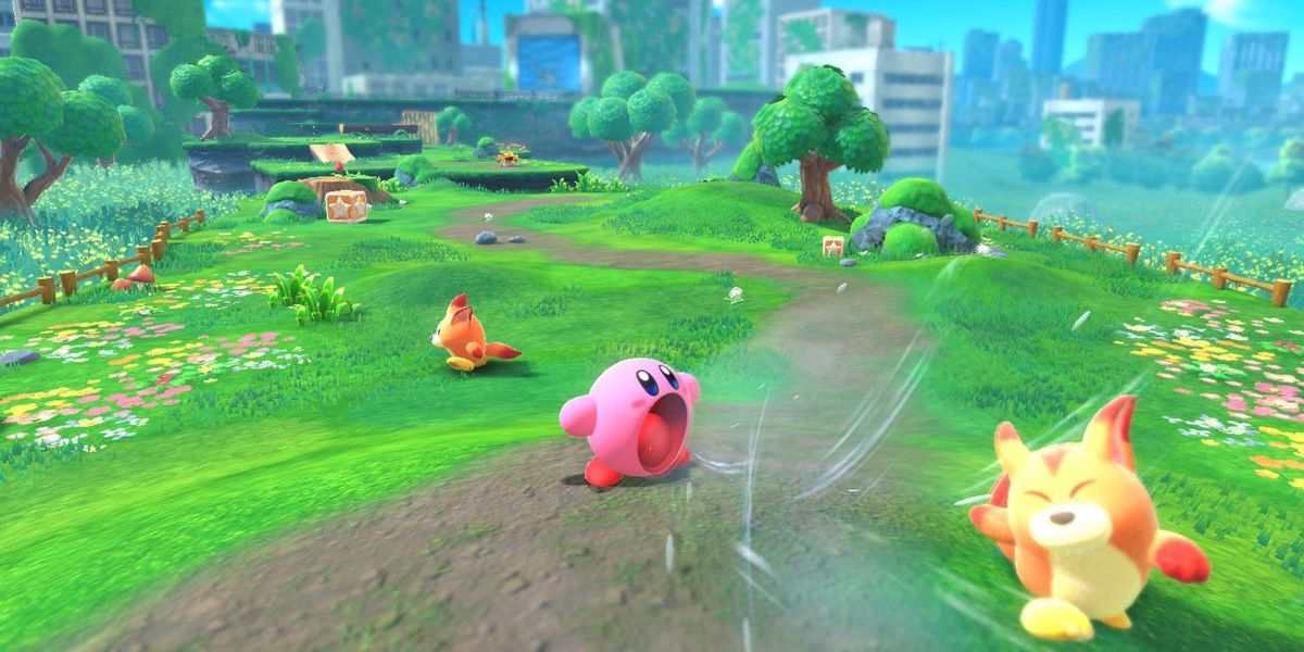 Kirby attempting to suck in an enemy in Kirby and the Forgotten Land 