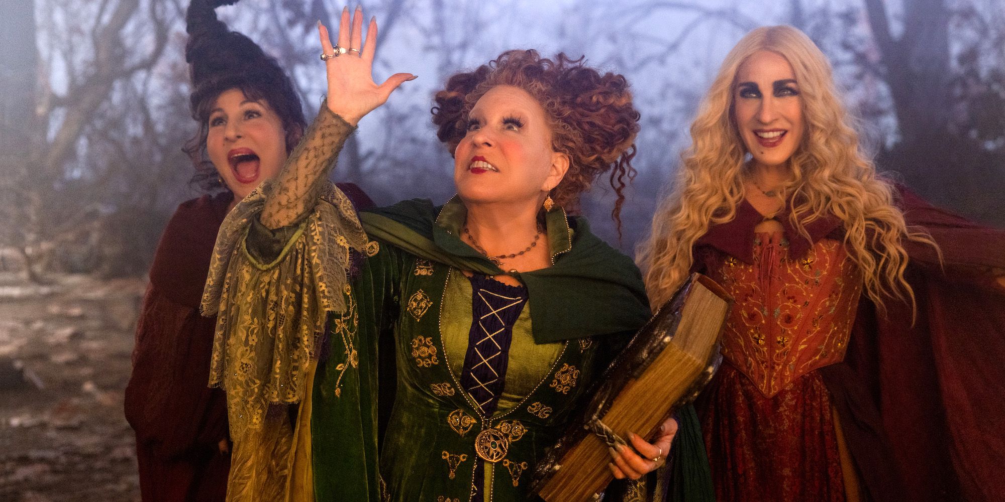 Kathy Najimy as Mary Sanderson Bette Midler as Winifred Sanderson and Sarah Jessica Parker as Sarah Sanderson in Disney live-action HOCUS POCUS 2