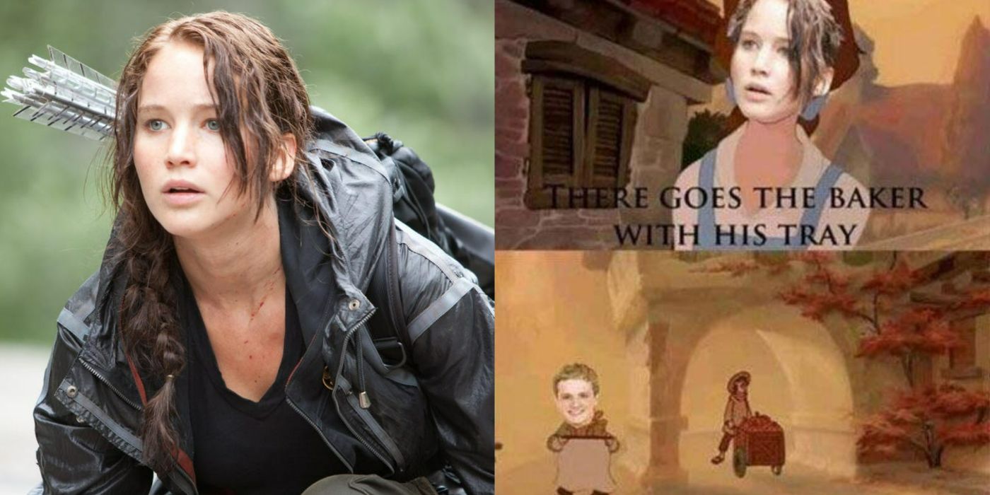 A split image showing Katniss from The Hunger Games on the left and a Meme featuring Katniss and Peeta on the right. 