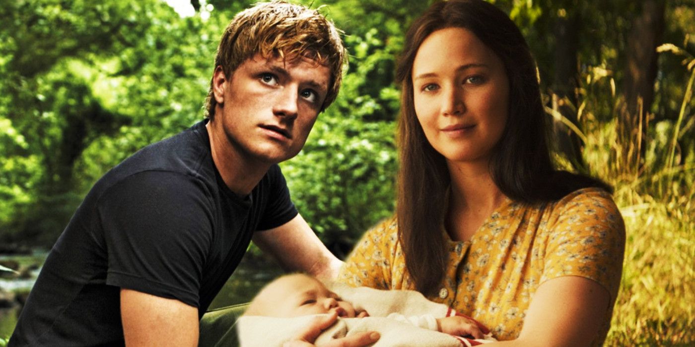 A composite image showing Peeta in the Hunger Games and an older Katniss holding her baby. 