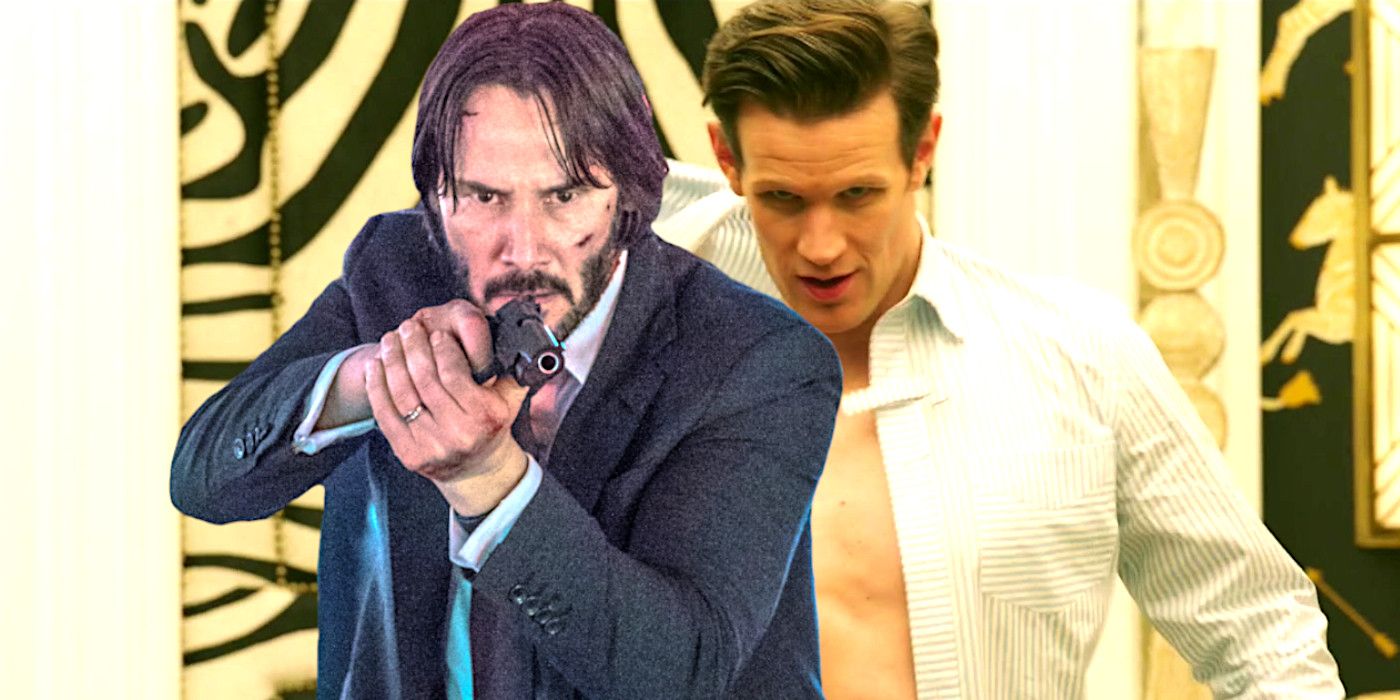 Keanu Reeves as John Wick pointing a gun mashed up with Matt Smith in Morbius putting his shirt on