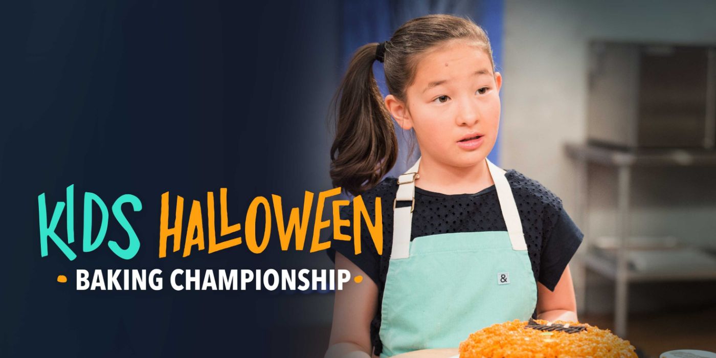 Kids Halloween Baking Championship girl with sidepony holding an orange cake