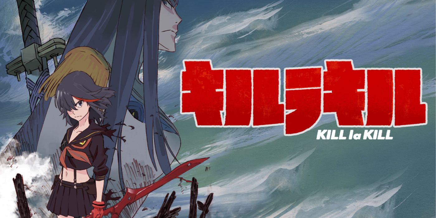 Kill la Kill anime key art featuring Ryuko in the foreground and Satsuki looming in the background.