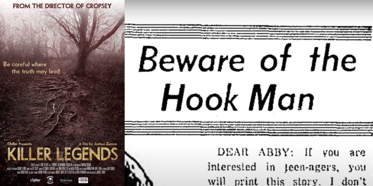 The poster for Killer Legends (2014) alongside a news clipping about "the Hook Man"