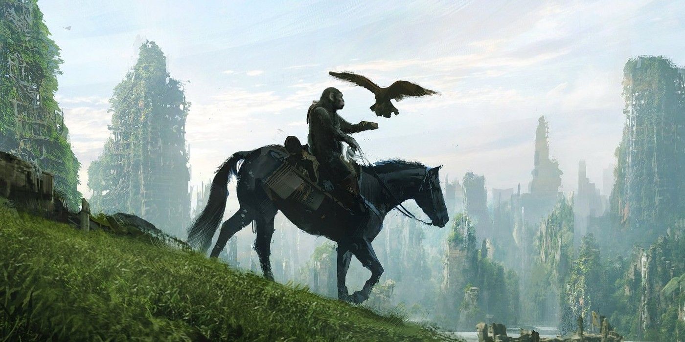 An ape riding on a horse in Kingdom of the Planet of the Apes 
