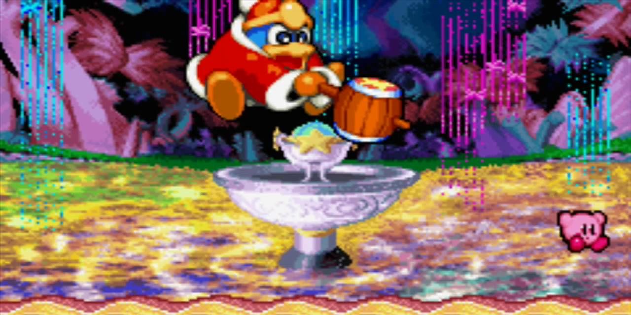 Kirby battling against King Dedede in Nightmare in Dream Land for the GBA