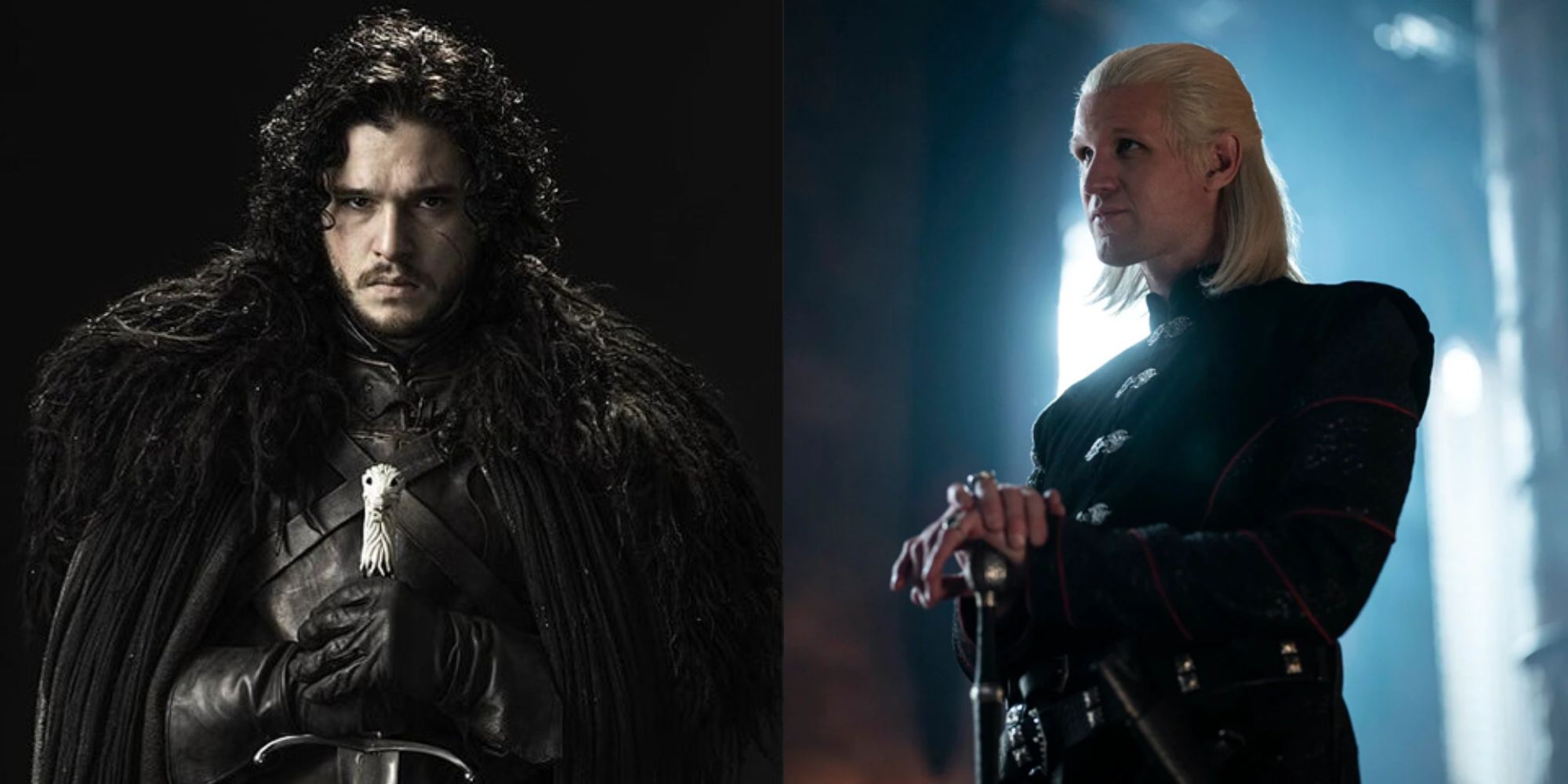Split image showing Jon Snow in Game of Thrones and Daemon Targaryen in House of the Dragon