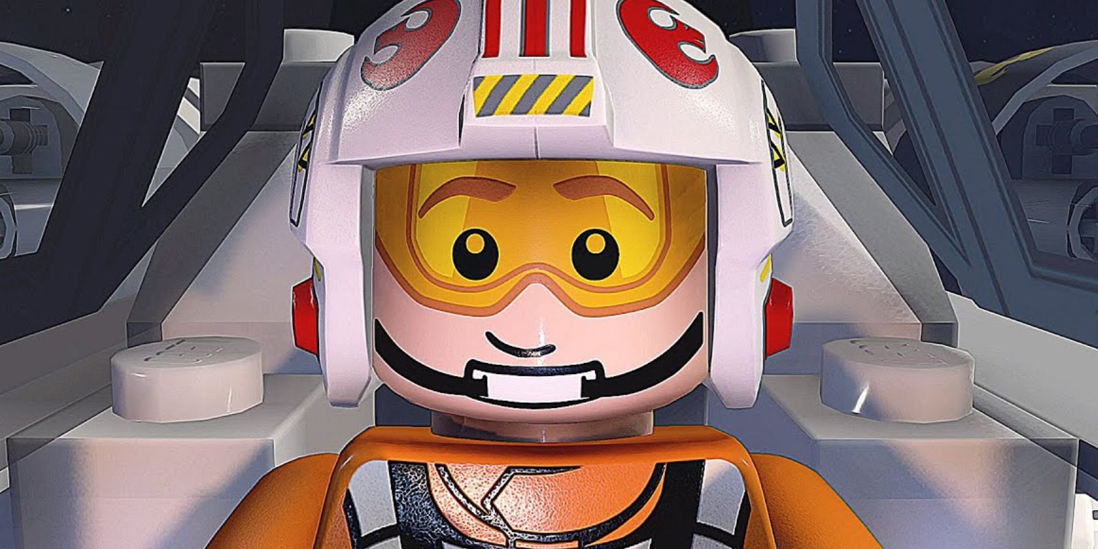 A LEGO minifigure of Star Wars' Luke Skywalker in his Rebel Pilot outfit.