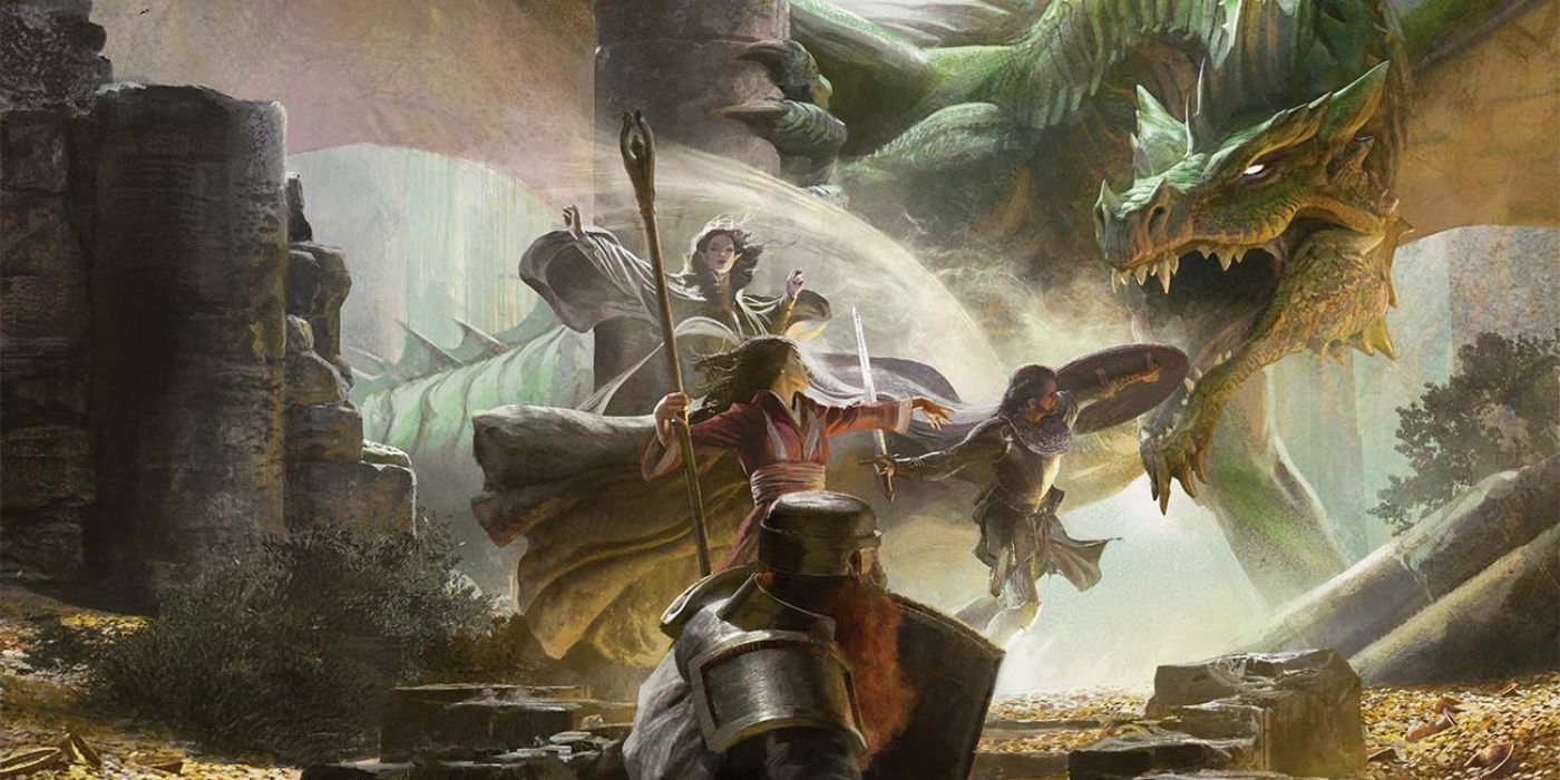 Artwork for the 5e D&D campaign book Lost Mine of Phandelver, with a party taking cover behind rubble while battling a dragon.