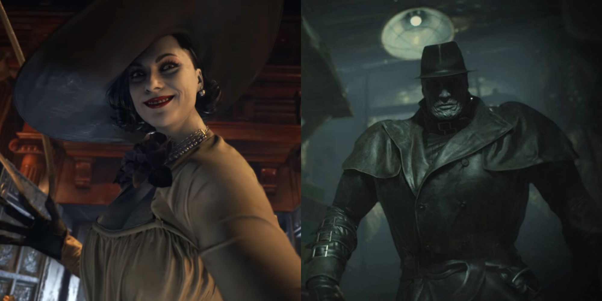 Split image showing Lady Dimitrescu and Mr. X in Resident Evil