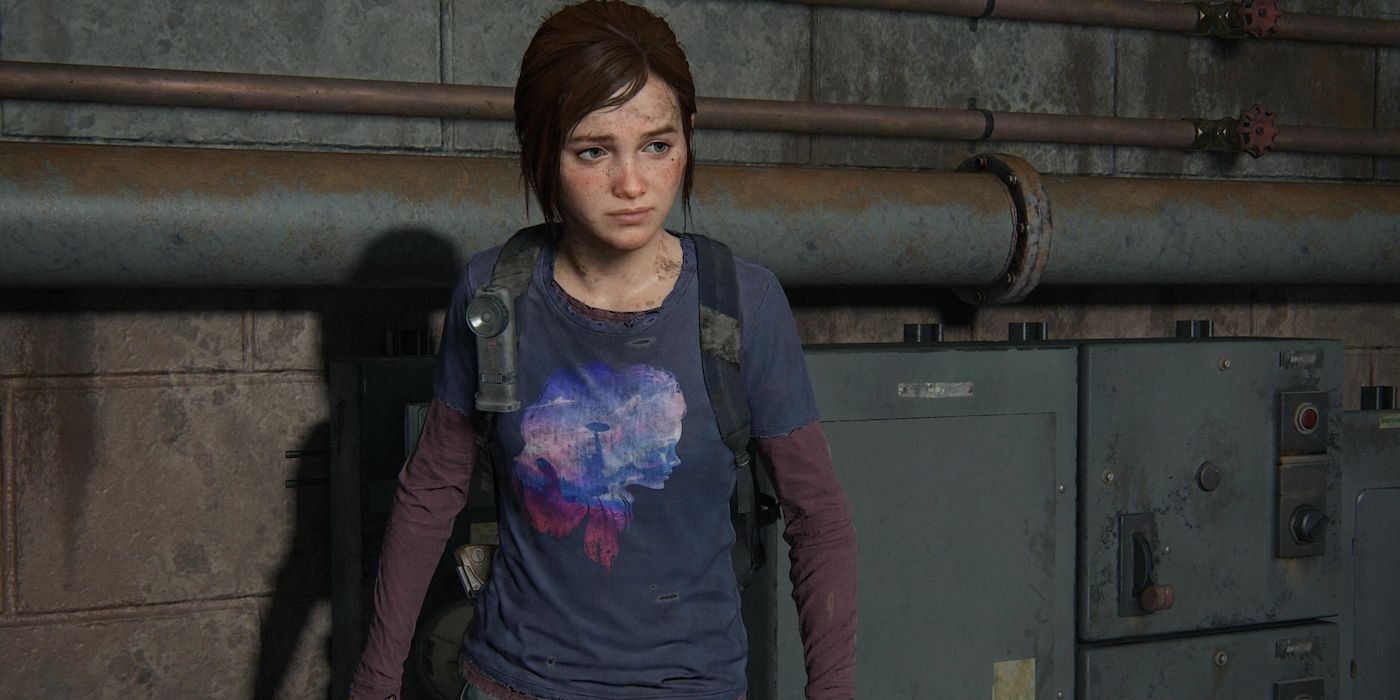 Last of Us Part 1Ellie in the sewer tunnels wearing a tshirt with a Horizon Zero Dawn graphic