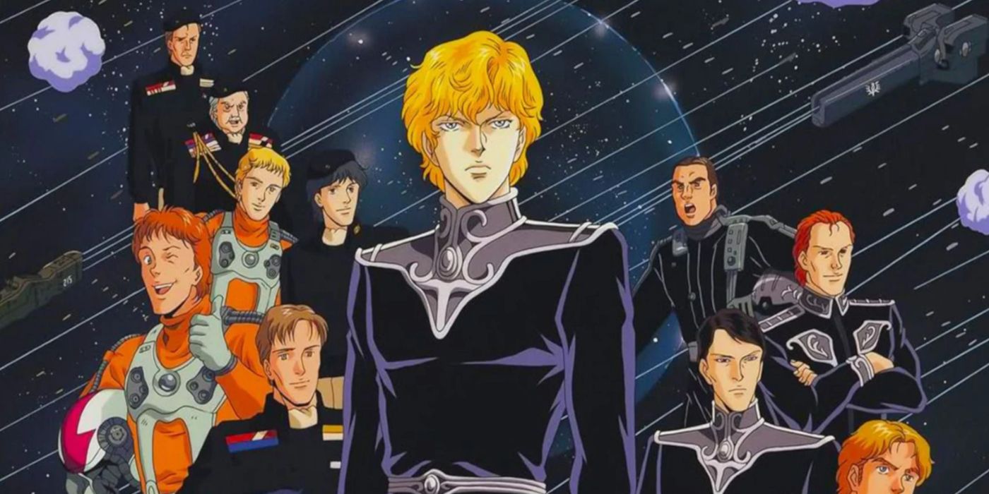 Legend of the Galactic Heroes arte chave do anime com o elenco principal e de apoio.