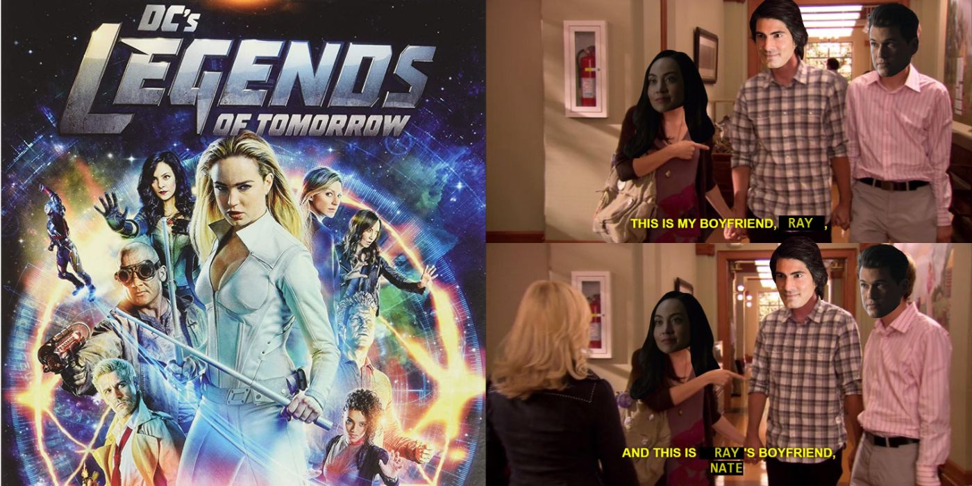 Legends of Tomorrow poster and meme with Nora introducing Ray as her boyfriend and Nate as her boyfriend's boyfriend