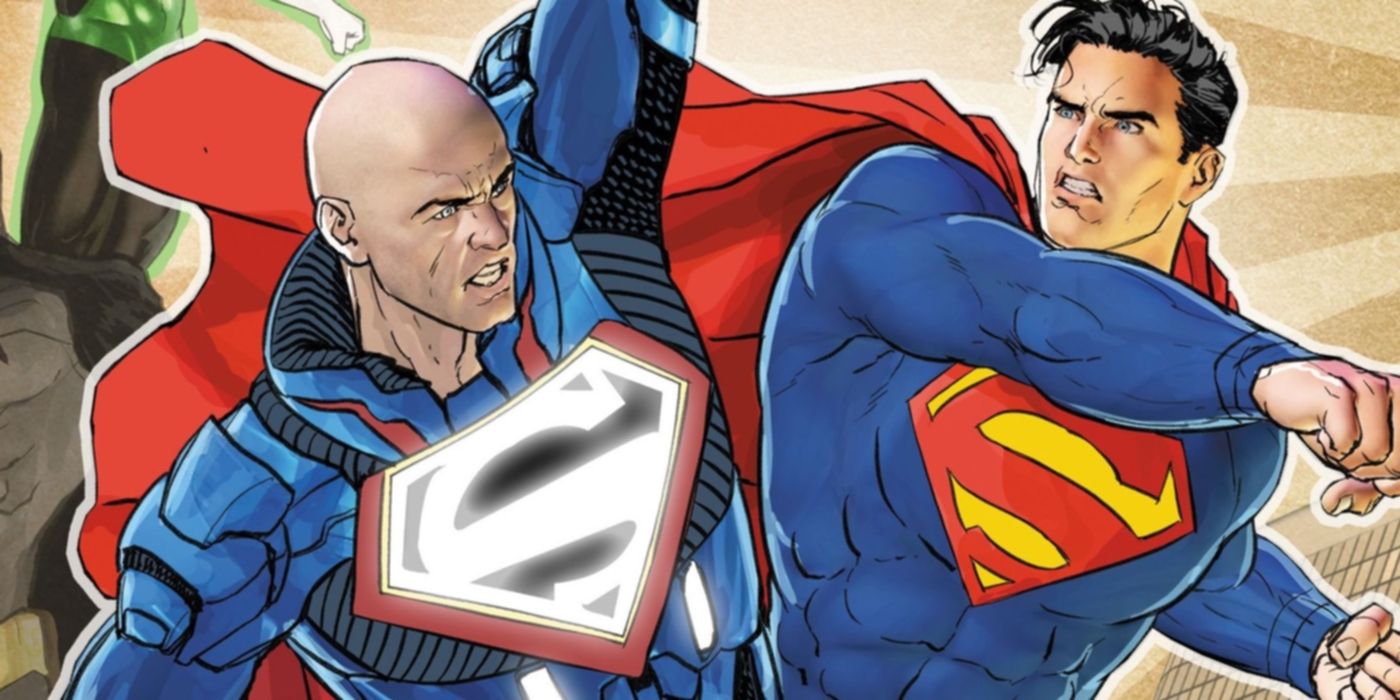 Lex Luthor (left) wearing Superman armor, fighting the Man of Steel (right)