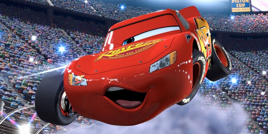 Lightning McQueen soars through the air in Cars