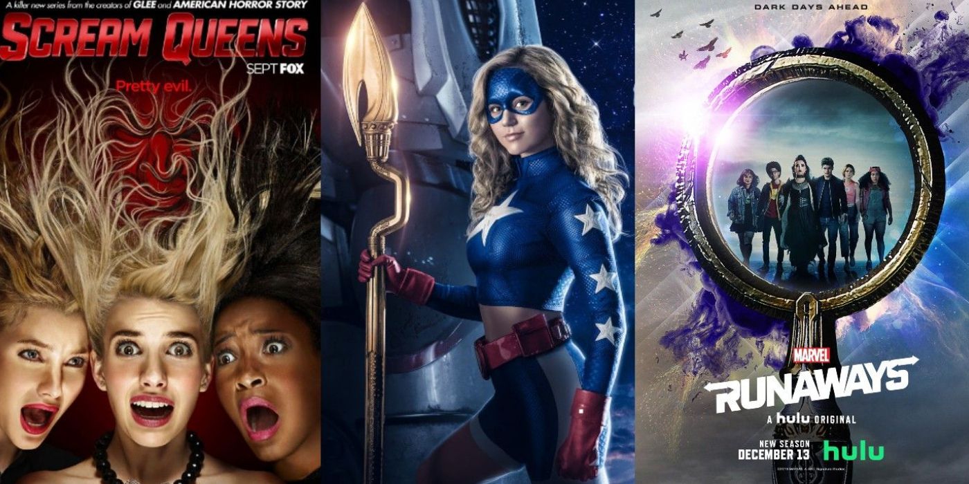 Stargirl surrounded by the posters for Scream Queens and Marvel's Runaways