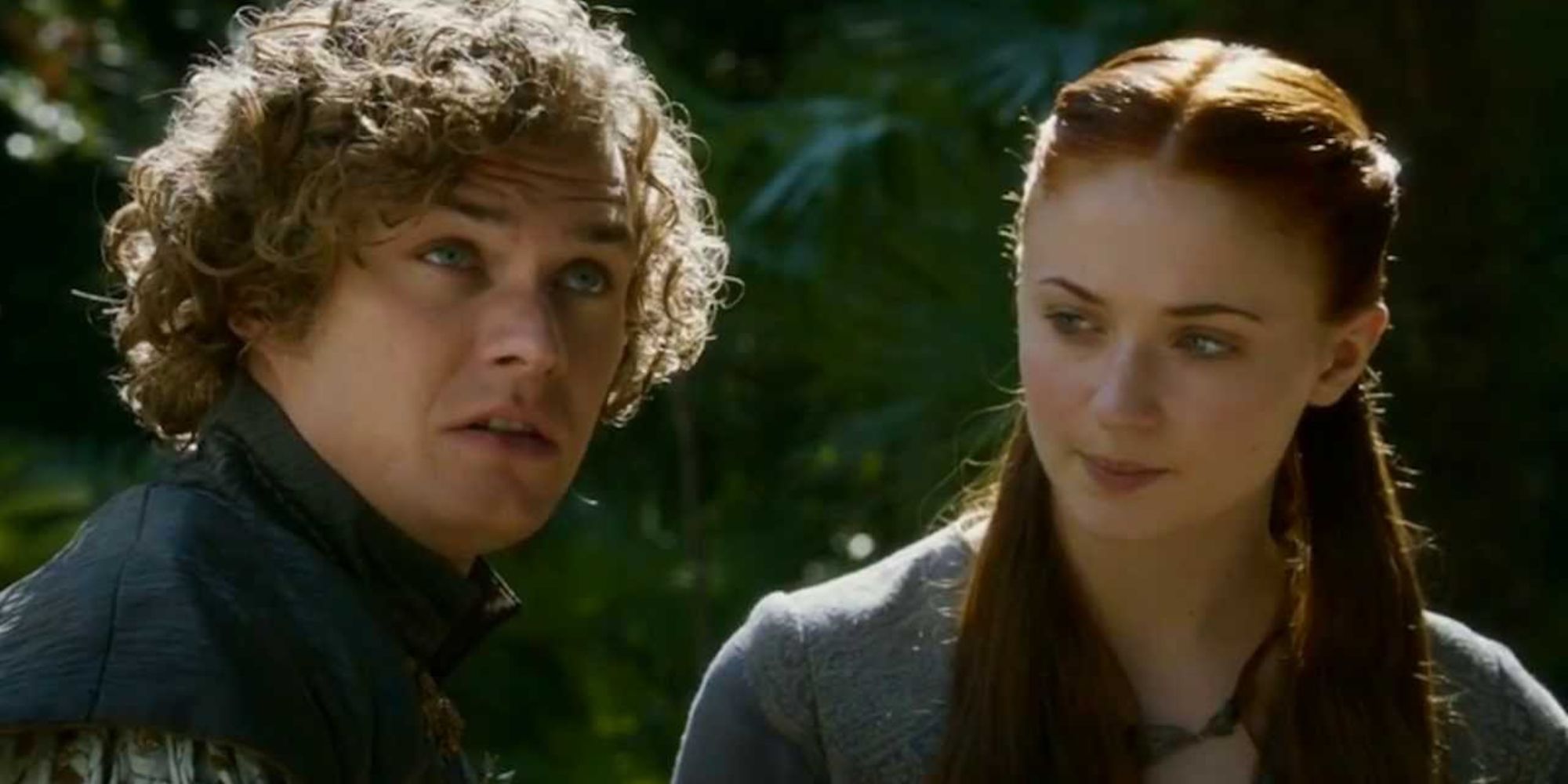Loras and Sansa speak in the King's Landing gardens in Game of Thrones
