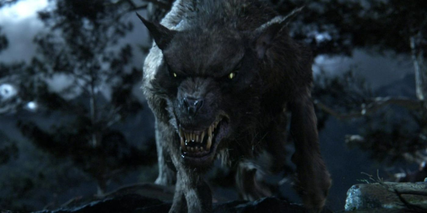 A Warg snarling in Lord of the Rings