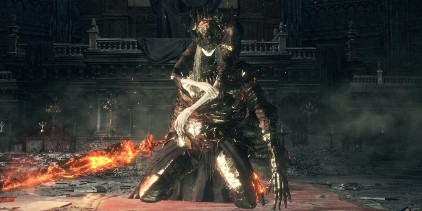Lorian wearing his armor and wielding his flaming sword with Lothric on his back.