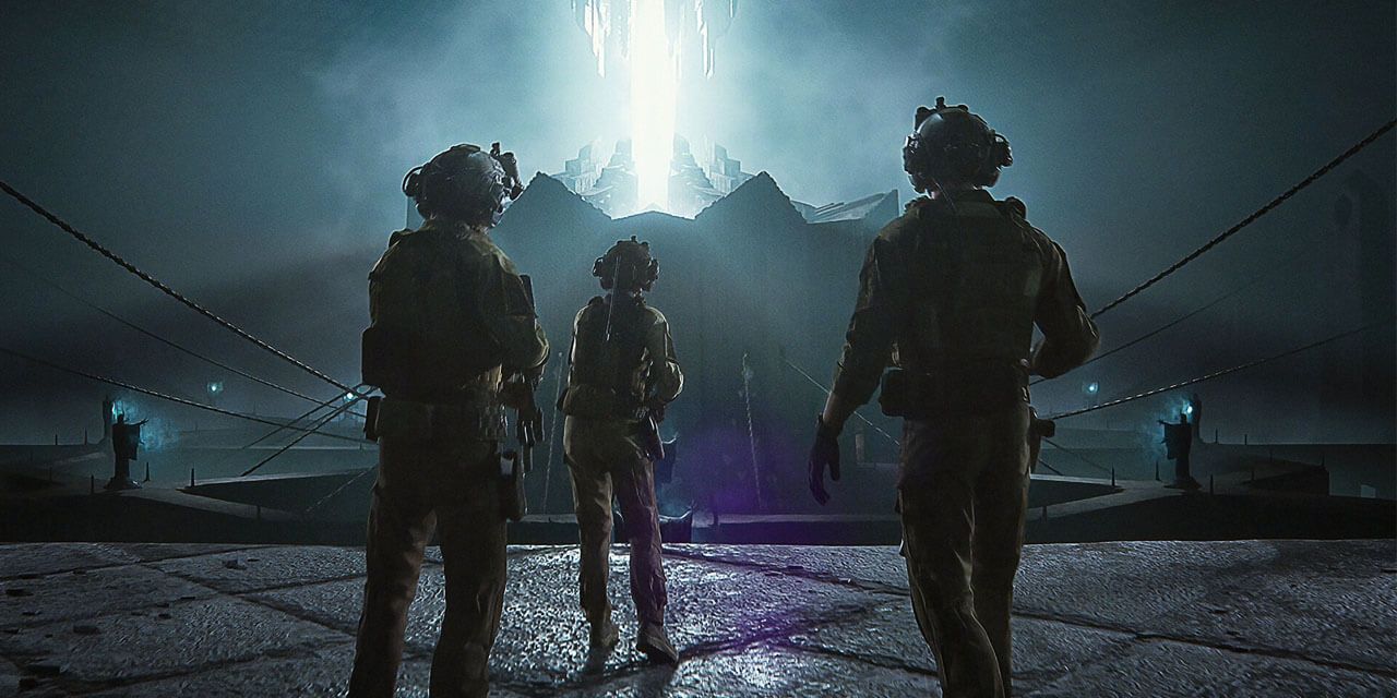 A still from the Love, Death & Robots episode In Vaulted Halls Entombed featuring three people looking at a beam of energy
