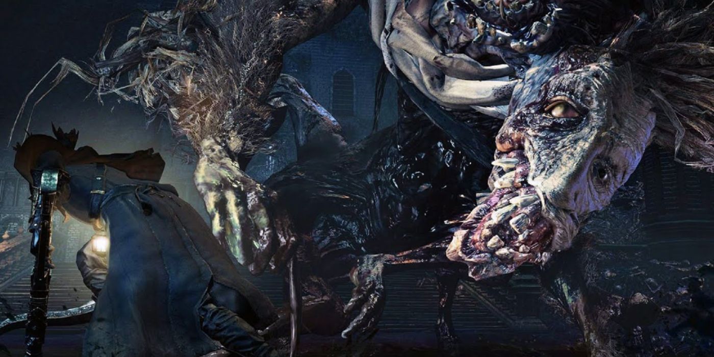 O Caçador fugindo do terrível Ludwig, o Amaldiçoado e Lâmina Sagrada em Bloodborne.