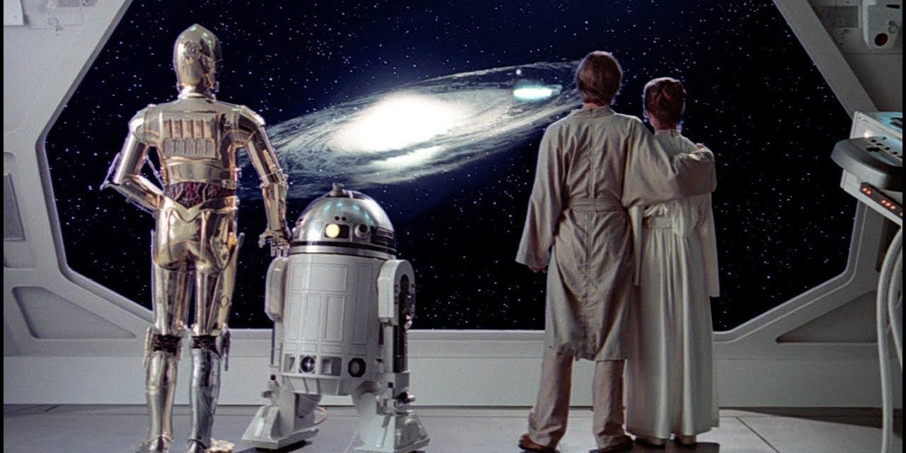 Luke, Leia, C-3PO, and R2-D2 at the end of The Empire Strikes Back