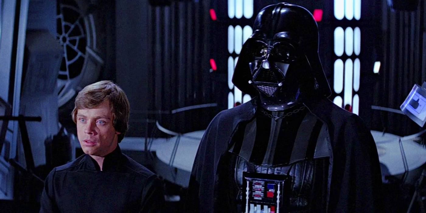 Luke e Darth Vader na sala do trono do Imperador em O Retorno de Jedi