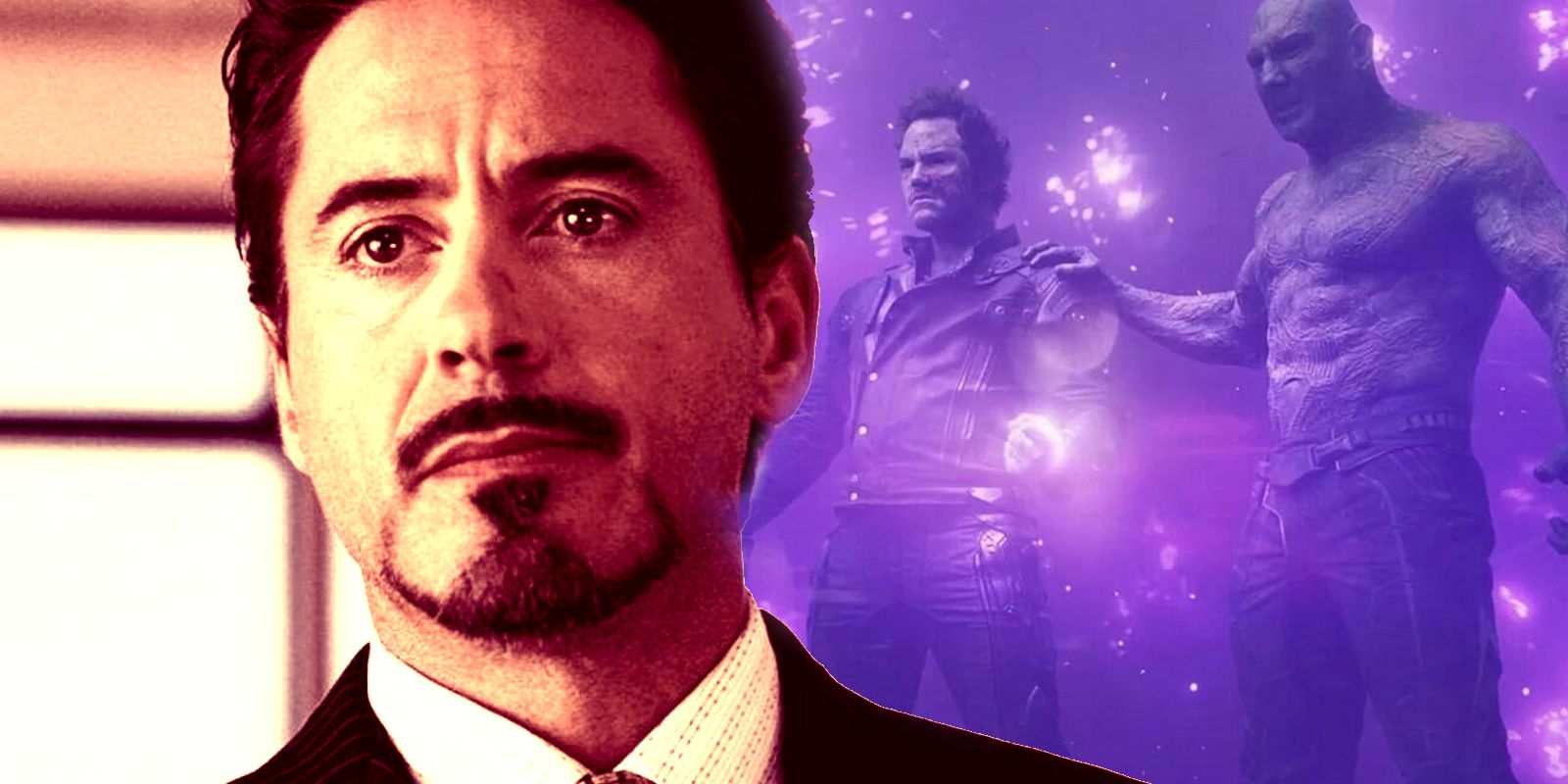 Tony Stark at press conference, the Guardians of the Galaxy hold the power stone together