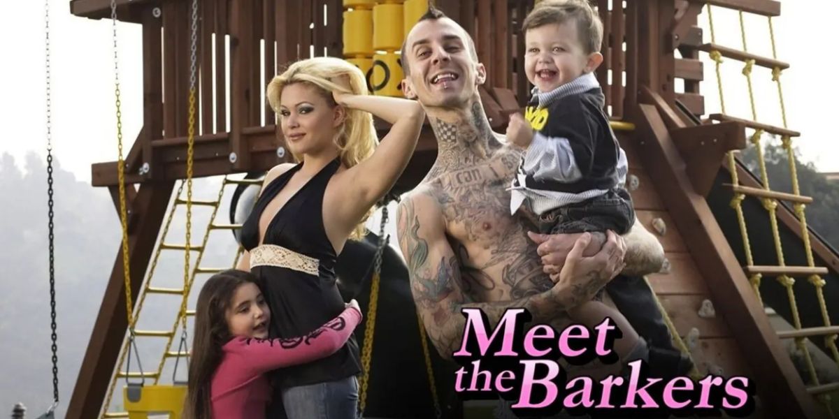 Title card for MTV&rsquo;s Meet the Barkers with Travis Barker, Shanna Moakler, and their young children