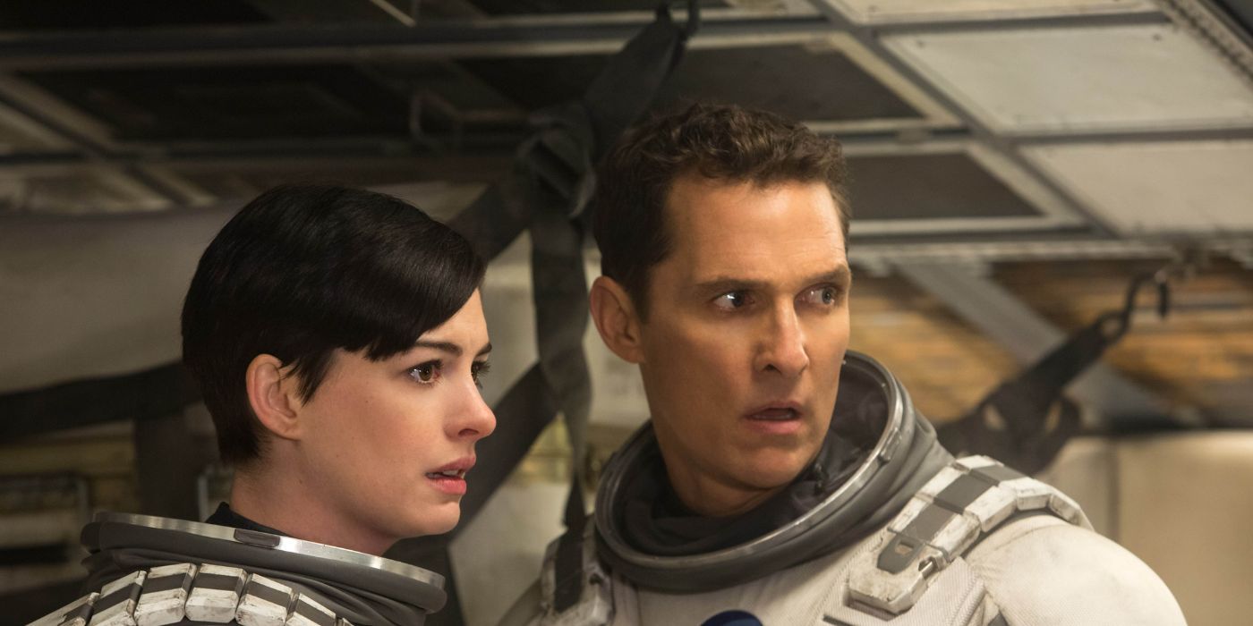 Anne Hathaway and Matthew McConaughey looking shocked in Interstellar