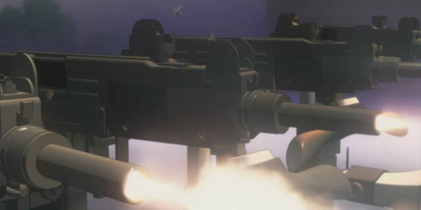 Machinegun Segways firing at something off-screen in Aria the Scarlet Ammo.