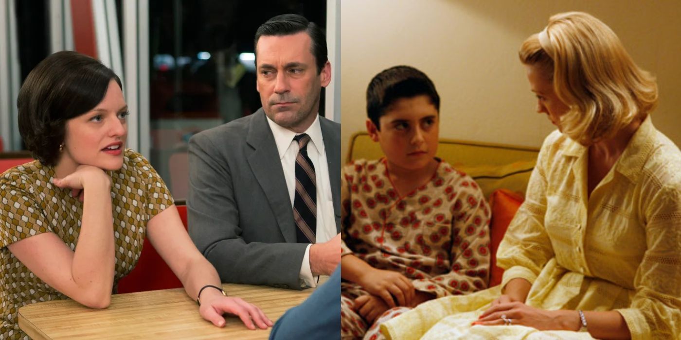 Split image of Peggy, Don, Glen and Betty on Mad Men
