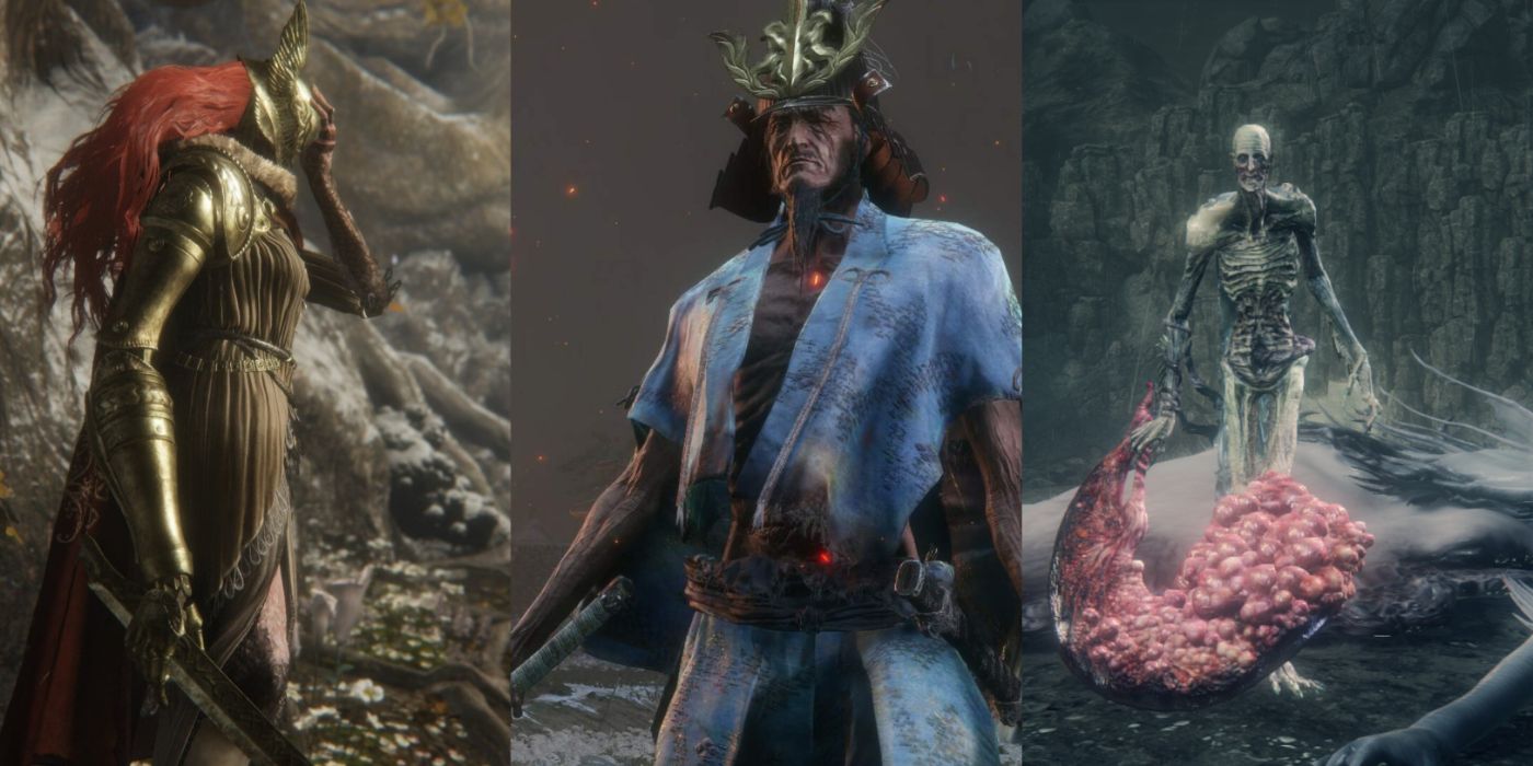Split image of Malenia, Isshin, and the Orphan of Kos in FromSoft's games.