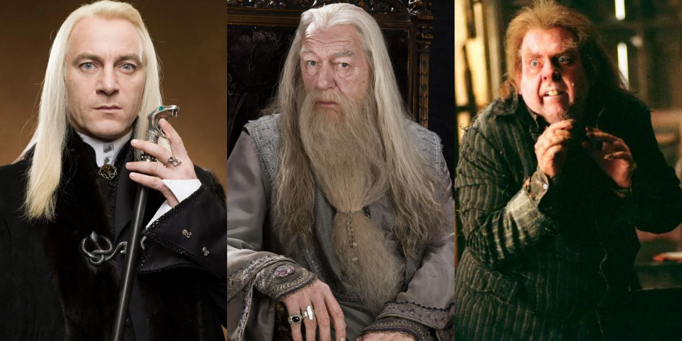 A tri-split image showing, from left to right, Lucius Malfoy, Albus Dumbledore, and Peter Pettigrew from Harry Potter