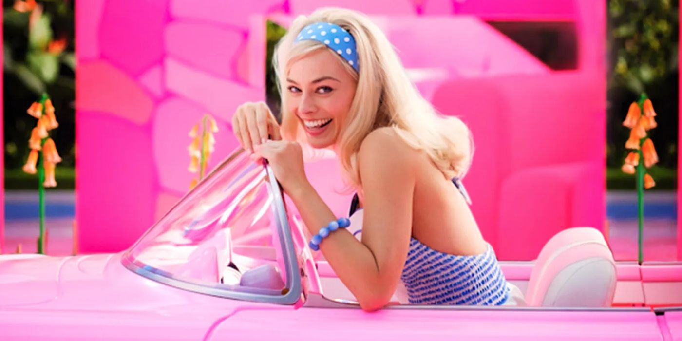 Margot Robbie in pink car in Barbie