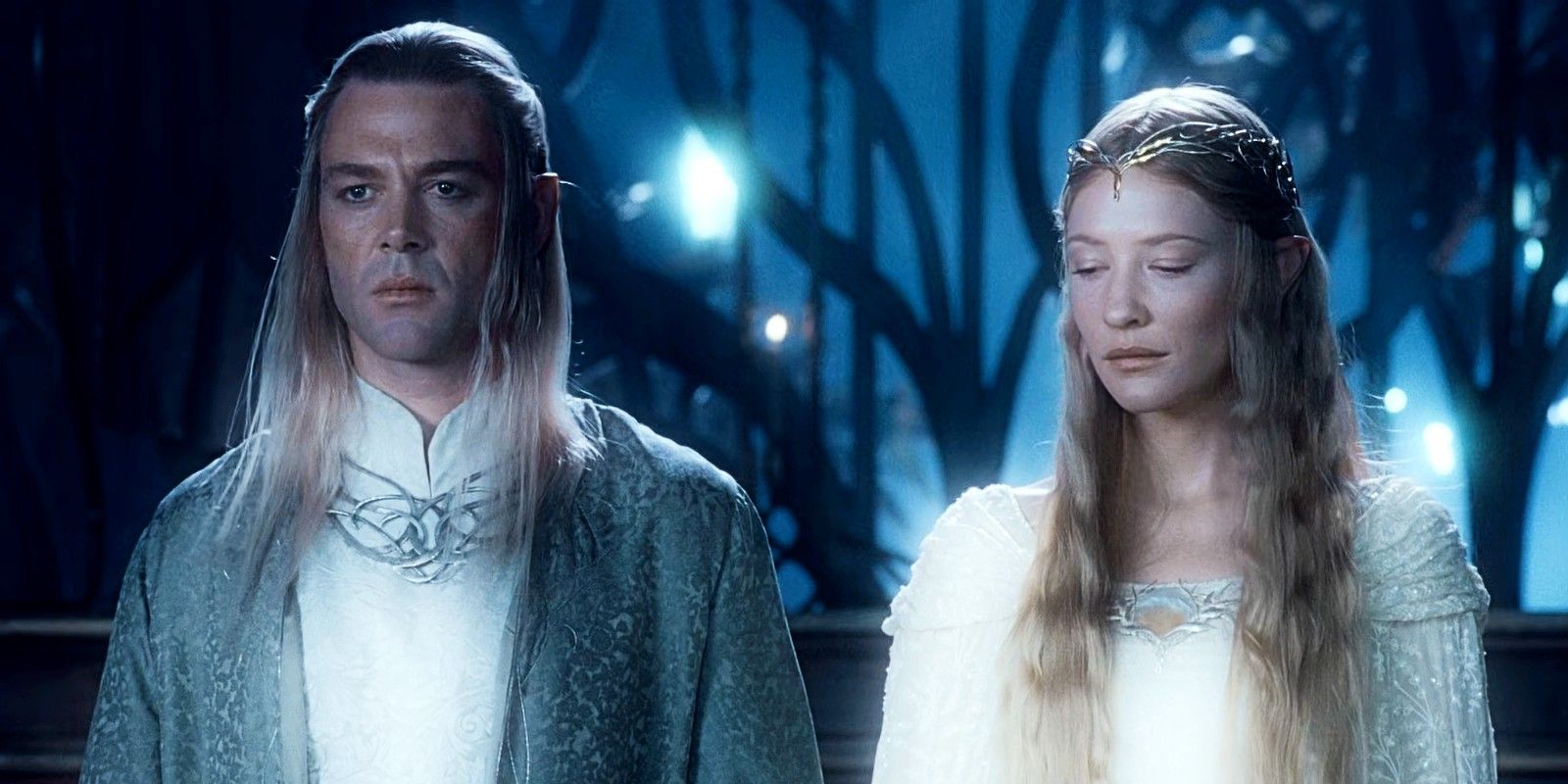 Marton Csokas como Celeborn y Cate Blanchett como Galadriel en El señor de los anillos La comunidad del anillo