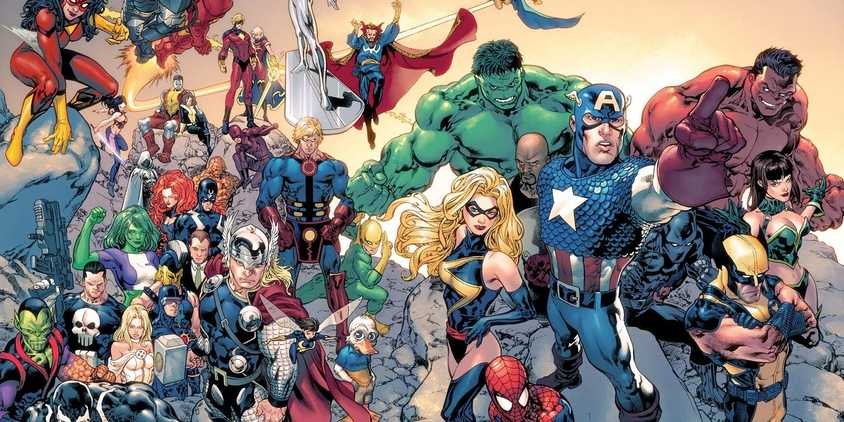 Marvel Comics panel showing a huge range of Marvel's heroes, including the Avengers, X-Men, and Inhumans