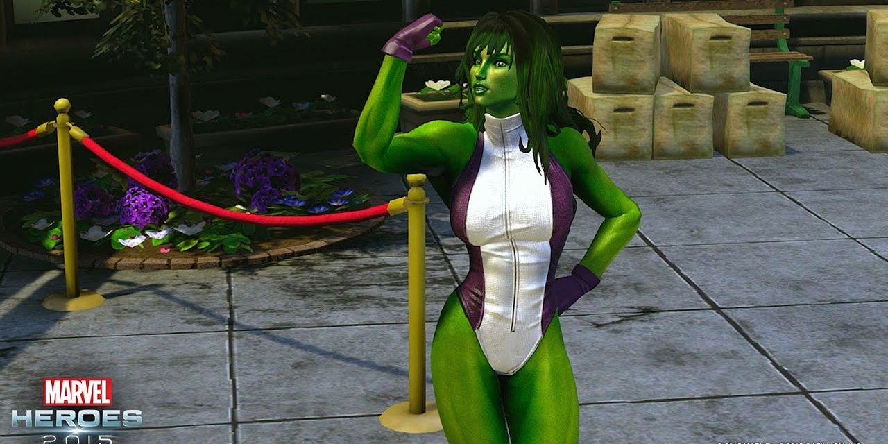 She-Hulk flexes her muscles after winning a fight in Marvel Heroes (2015)